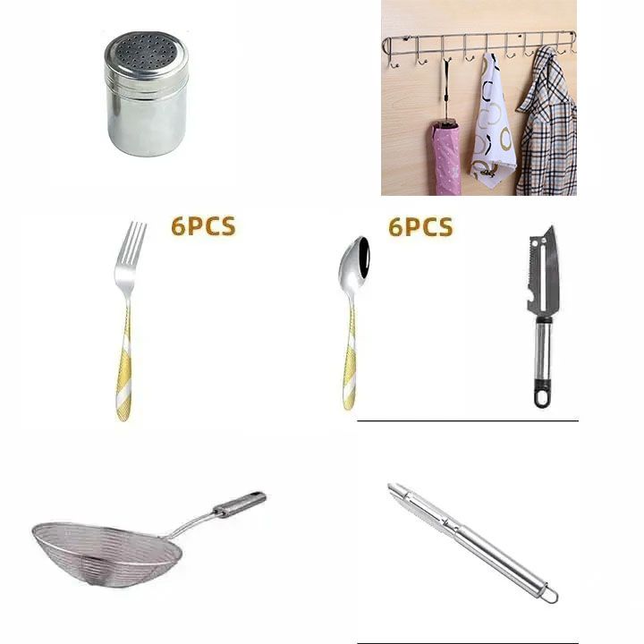 17PCS Kitchen Tools 1PC Seasoning Jar+1PC 2 sided paring knife+1PC Wall Hook +1PC 24cm filter+1PC Apple knife+6PCS Forks+6PCS Spoons