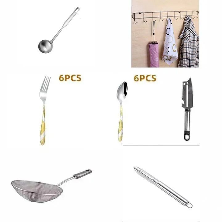 Set of 17PCS Kitchen Tools 1PC Soup Spoon +1PC 2 sided paring knife+1PC Wall Hook +1PC 24cm filter+1PC Apple knife+6PCS Forks+6PCS Spoons