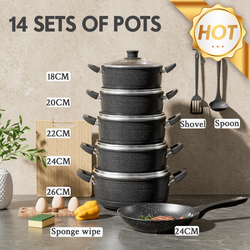 【Promotion】Jamespot Set of 14PCS  Die Cast Set Iron Non-stick Cookware Set Sufuria Set cooking pot set (5PCS 18/20/22/24/26cm Pots+5pcs Lids+1pc 24cm pan +3PCS Accessor) Suitable for induction cookers