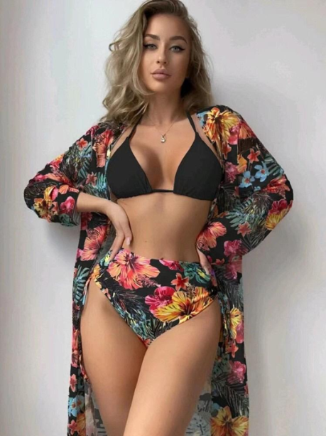 Women 3 Piece Swimming Costumes Bikini Sets with Cover Ups Skirts, Ladies Cardigans Summer Floral Print Three Piece Swimsuit Beach Wear Sexy Bikini Set