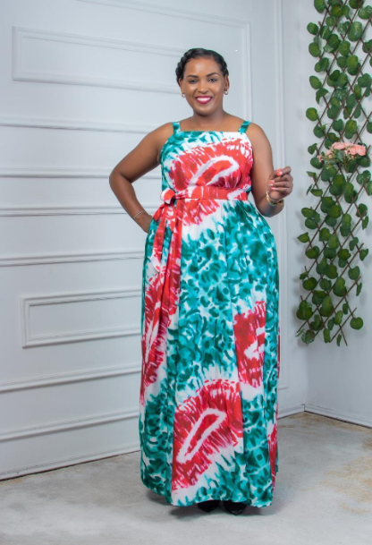 Annellise Lips Print African Square Neck Lace Kitenge Themed Maxi Dress