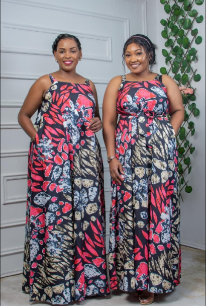 Annellise Floral Pink Print African Square Neck Lace Kitenge Themed Maxi Dress