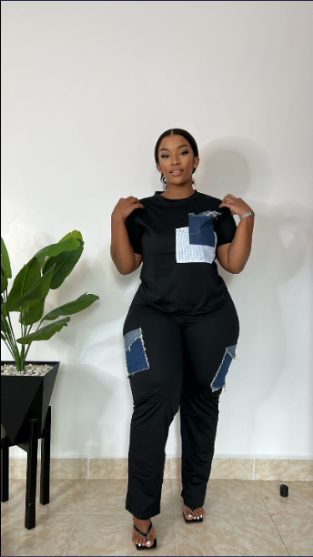 Nelly Cotton Infused Denim Panel Round Neck Tops T-shirts Bodycon Pants Party Clubwear Tracksuit Outfits Set