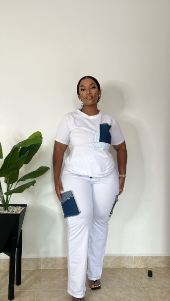Nelly Cotton Infused Denim Panel Round Neck Tops T-shirts Bodycon Pants Party Clubwear Tracksuit Outfits Set