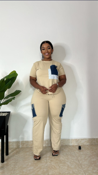 Nelly Cotton Infused Denim Panel Round Neck Tops T-shirts Bodycon Pants Party Clubwear Tracksuit Outfits Set