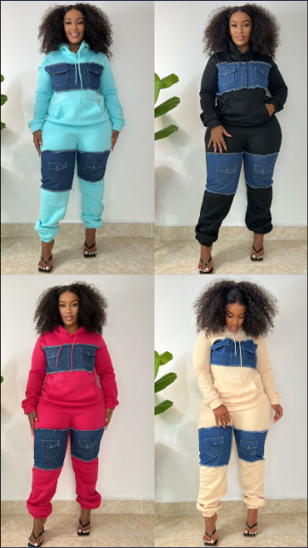 Jay Bennesse Cotton Infused Denim Panel Thick Hoodie Bodycon Pants Party Clubwear Tracksuit Outfits Set