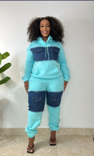 Jay Bennesse Cotton Infused Denim Panel Thick Hoodie Bodycon Pants Party Clubwear Tracksuit Outfits Set