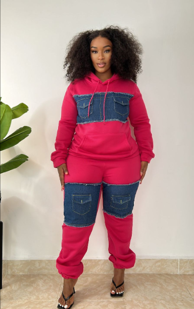 Jay Bennesse Cotton Infused Denim Panel Thick Hoodie Bodycon Pants Party Clubwear Tracksuit Outfits Set