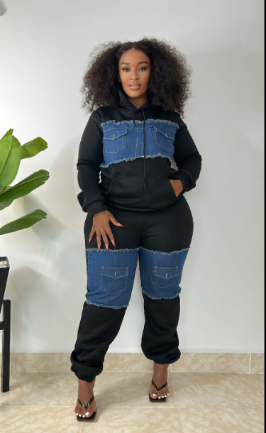 Jay Bennesse Cotton Infused Denim Panel Thick Hoodie Bodycon Pants Party Clubwear Tracksuit Outfits Set