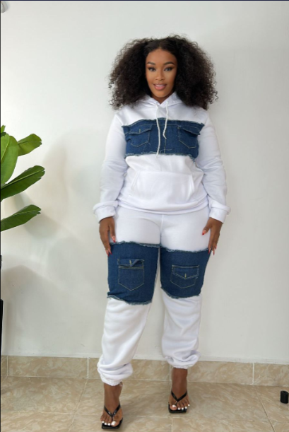 Jay Bennesse Cotton Infused Denim Panel Thick Hoodie Bodycon Pants Party Clubwear Tracksuit Outfits Set