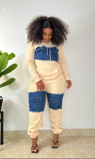 Jay Bennesse Cotton Infused Denim Panel Thick Hoodie Bodycon Pants Party Clubwear Tracksuit Outfits Set