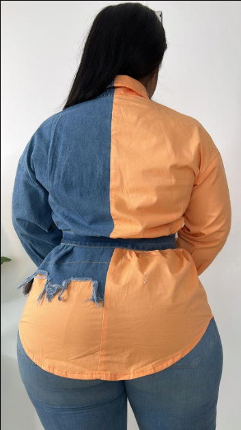 Riri Women's New Half Denim Patchwork Long Sleeve Stripped  BlouseTop