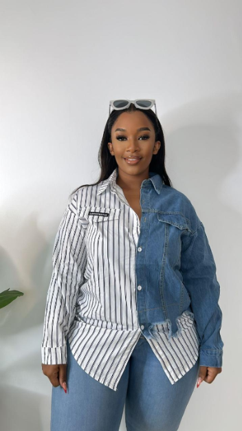 Riri Women's New Half Denim Patchwork Long Sleeve Stripped  BlouseTop
