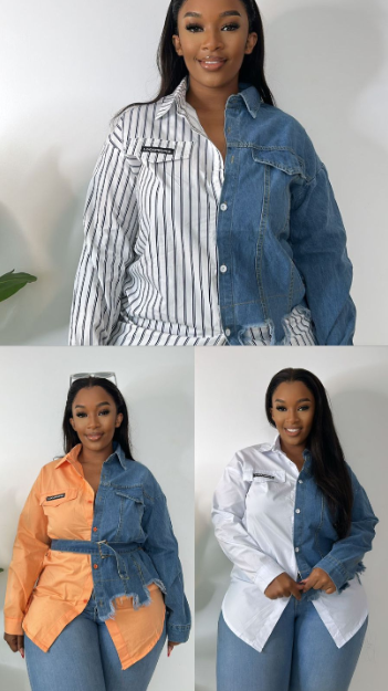 Riri Women's New Half Denim Patchwork Long Sleeve Stripped  BlouseTop