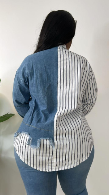 Riri Women's New Half Denim Patchwork Long Sleeve Stripped  BlouseTop