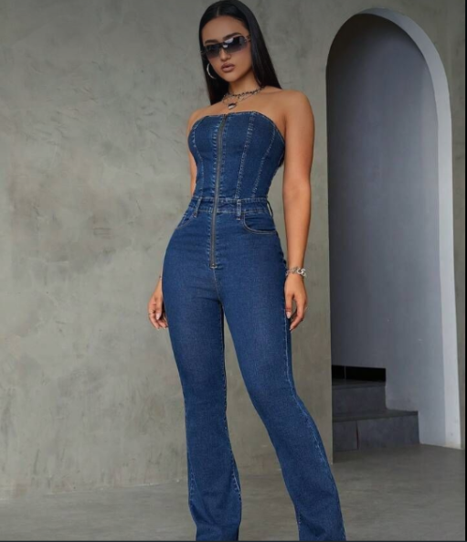 Ketptr Front Zipped Strapless Off-Shoulder Skinny Denim Jumpsuit