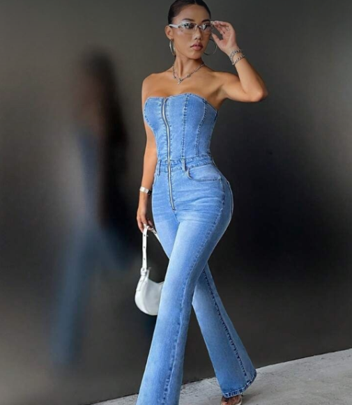 Ketptr Front Zipped Strapless Off-Shoulder Skinny Denim Jumpsuit