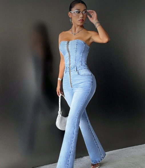 Ketptr Front Zipped Strapless Off-Shoulder Skinny Denim Jumpsuit