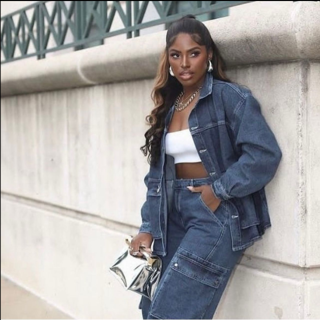 Danielle Multi Pockets 2pcs Wide Pocket Suit with Wide Pant One cut Women Denim Set