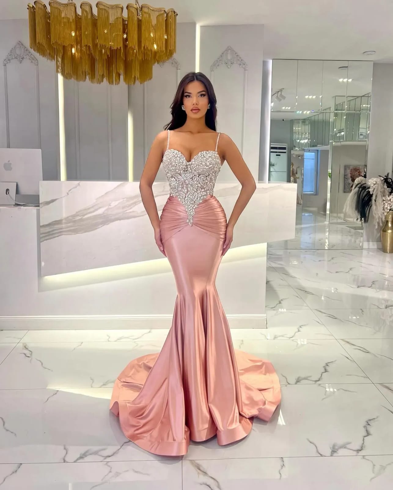 Fabulous Long Green Mermaid Spaghetti Straps Lace Satin Prom Evening Dresses
