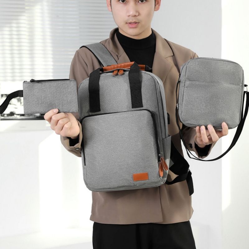 3 PCS/Sets Backpacks Bags Men Bags Bookbags School Bags USB Laptop Bags Notebook Bags Travel Bag Anti-Theft Leisure Nylon Cloth Bags