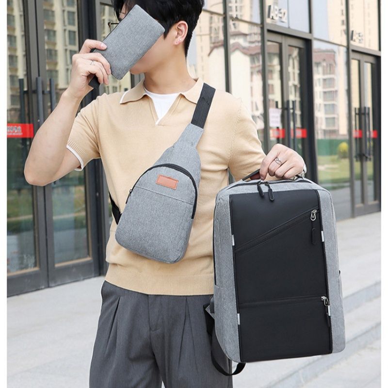 3 PCS Bags Men Bags Backpacks Bookbags School Bags Medium Size USB Laptop Bags Travel Bags Nylon Cloth Bags Anti-Theft Leisure