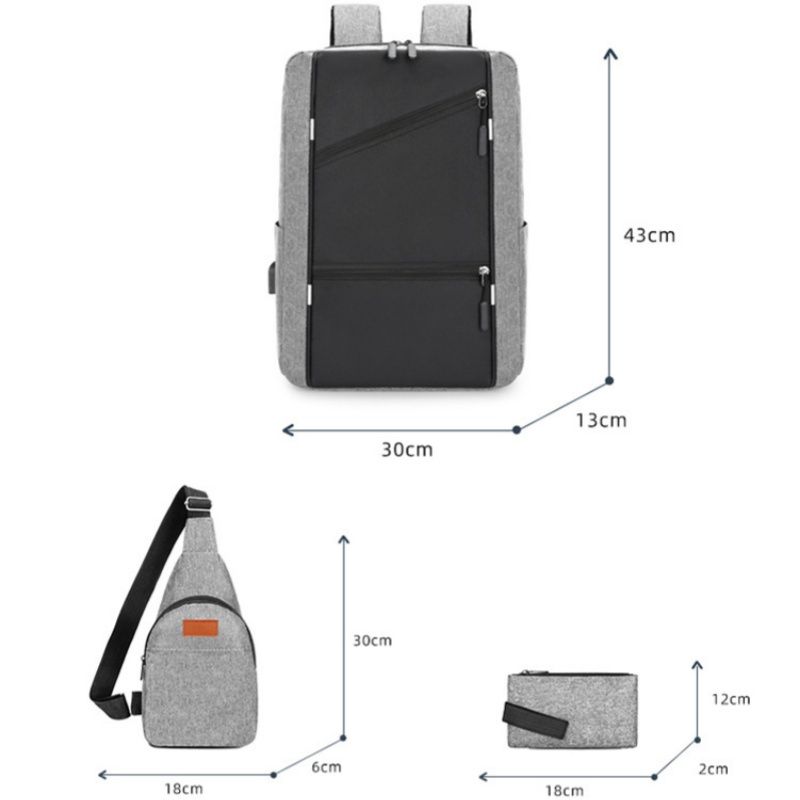 3 PCS Bags Men Bags Backpacks Bookbags School Bags Medium Size USB Laptop Bags Travel Bags Nylon Cloth Bags Anti-Theft Leisure
