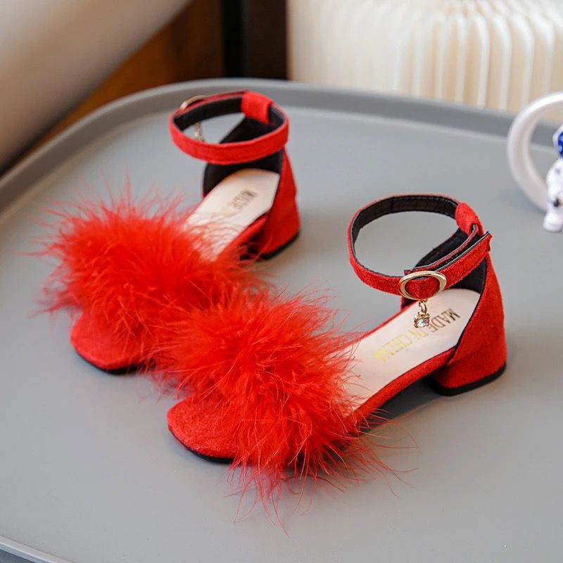 Big Girls' Luxury Feather Sandals Kid Low Heel Ankle Strap Dance Sandalias Child Square Toe Crystal Buckle Dress Shoes Size 27-38