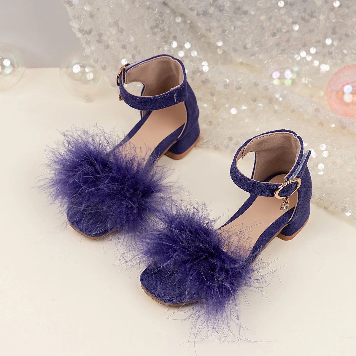 Big Girls' Luxury Feather Sandals Kid Low Heel Ankle Strap Dance Sandalias Child Square Toe Crystal Buckle Dress Shoes Size 27-38