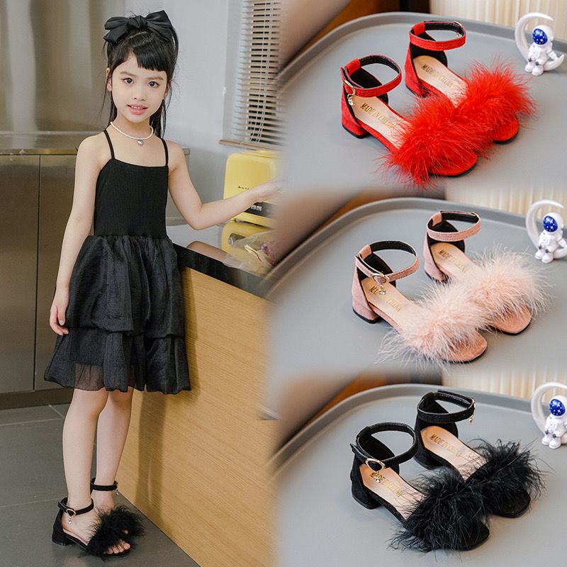 Big Girls' Luxury Feather Sandals Kid Low Heel Ankle Strap Dance Sandalias Child Square Toe Crystal Buckle Dress Shoes Size 27-38