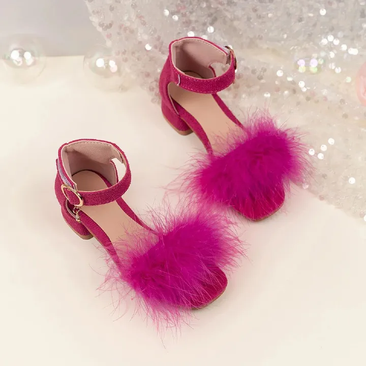 Big Girls' Luxury Feather Sandals Kid Low Heel Ankle Strap Dance Sandalias Child Square Toe Crystal Buckle Dress Shoes Size 27-38
