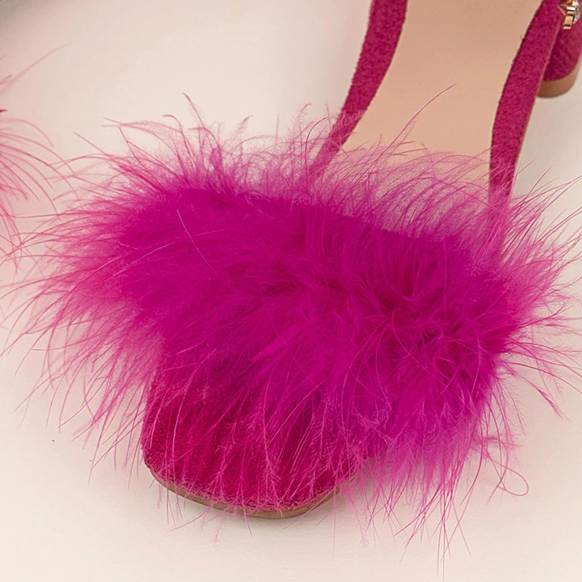 Big Girls' Luxury Feather Sandals Kid Low Heel Ankle Strap Dance Sandalias Child Square Toe Crystal Buckle Dress Shoes Size 27-38