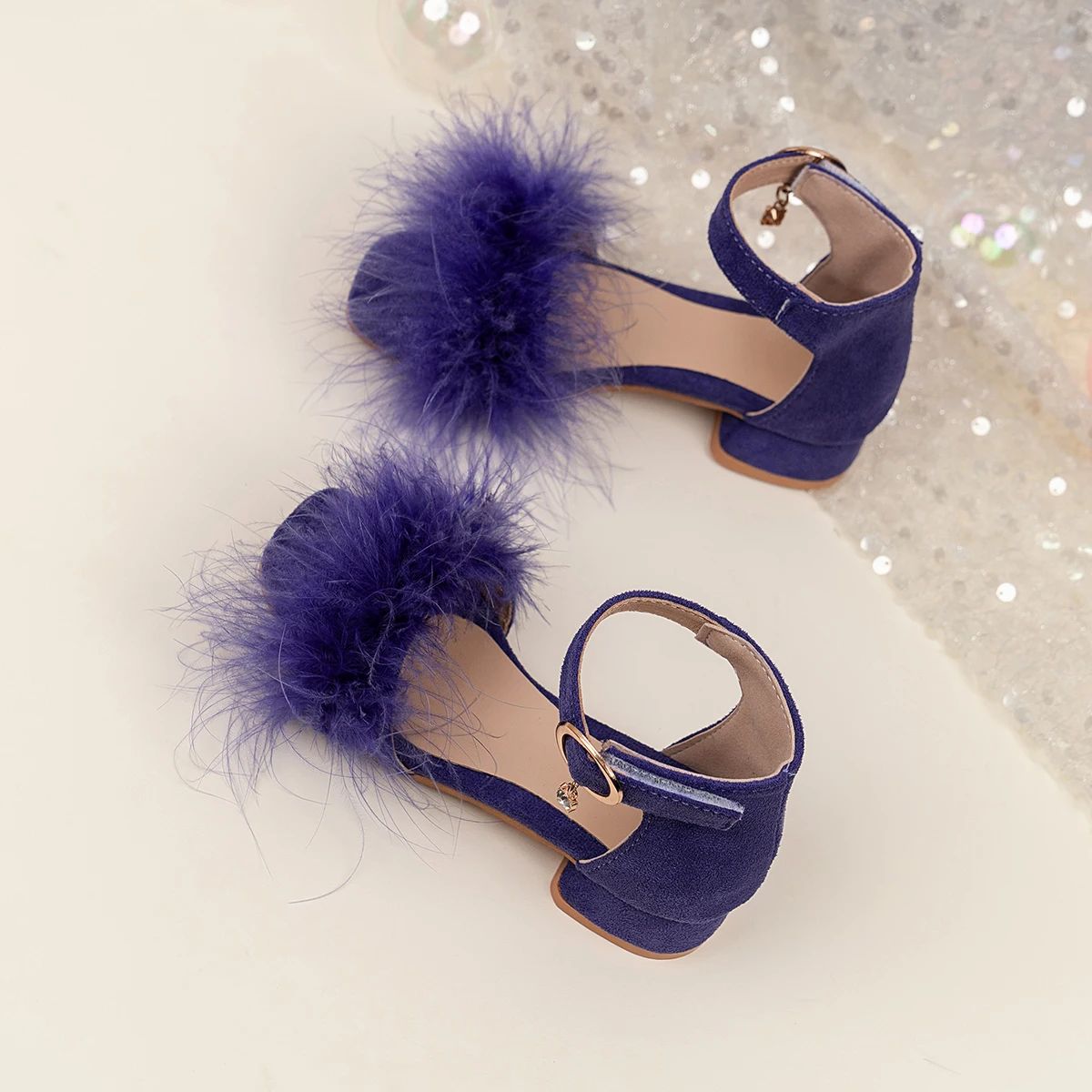 Big Girls' Luxury Feather Sandals Kid Low Heel Ankle Strap Dance Sandalias Child Square Toe Crystal Buckle Dress Shoes Size 27-38