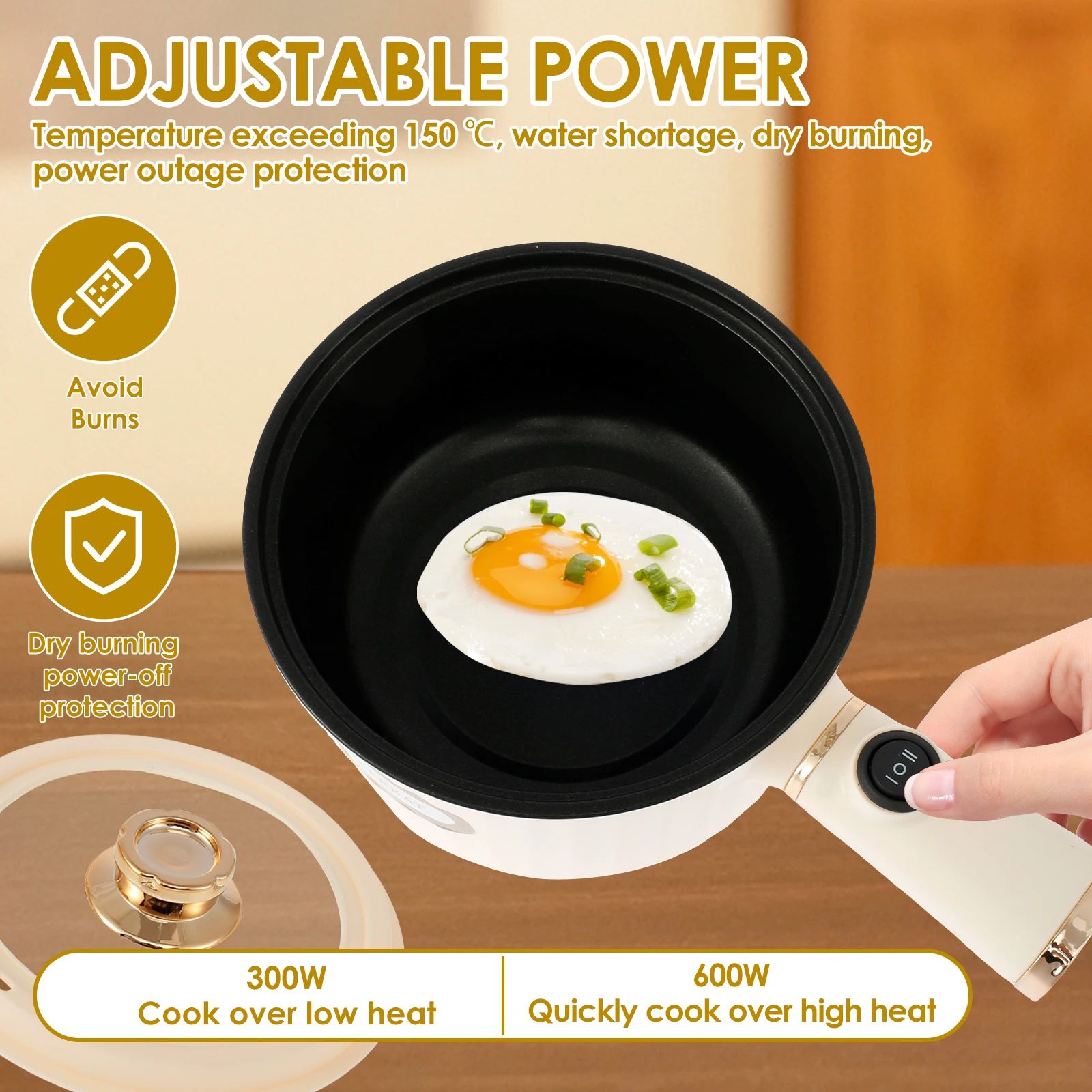 Electric Hot Pot 1.6L Rapid Noodles Cooker Portable Non-Stick Electric Pot Mini Hot Pot for Stir Fry Steak Noodles with Steamer Home Kitchen All-in-One Double Layer Electric Appliances