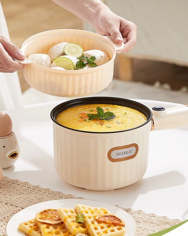 Electric Hot Pot 1.6L Rapid Noodles Cooker Portable Non-Stick Electric Pot Mini Hot Pot for Stir Fry Steak Noodles with Steamer Home Kitchen All-in-One Double Layer Electric Appliances