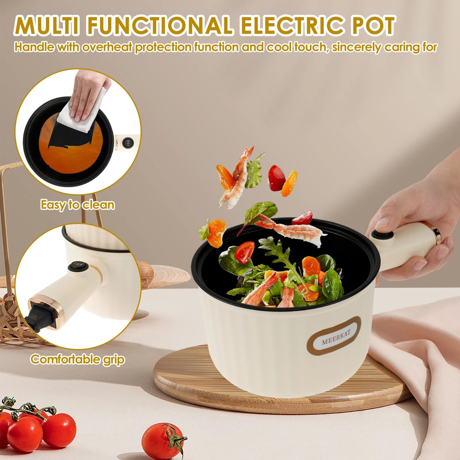 Electric Hot Pot 1.6L Rapid Noodles Cooker Portable Non-Stick Electric Pot Mini Hot Pot for Stir Fry Steak Noodles with Steamer Home Kitchen All-in-One Double Layer Electric Appliances