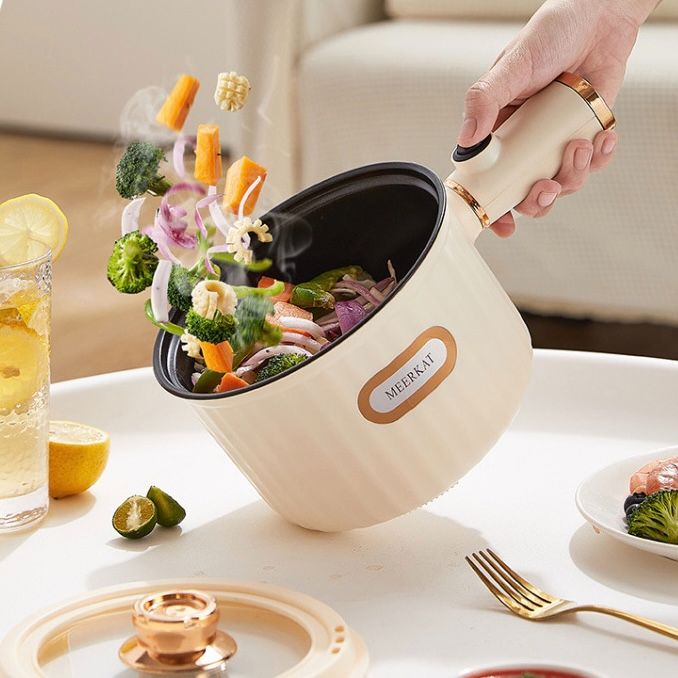 Electric Hot Pot 1.6L Rapid Noodles Cooker Portable Non-Stick Electric Pot Mini Hot Pot for Stir Fry Steak Noodles with Steamer Home Kitchen All-in-One Double Layer Electric Appliances