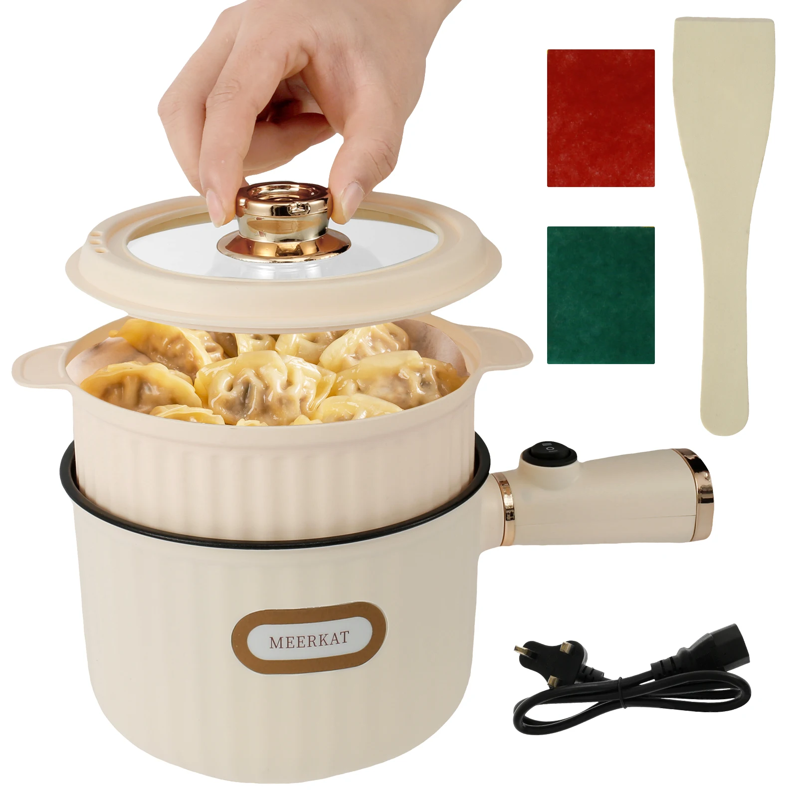 Electric Hot Pot 1.6L Rapid Noodles Cooker Portable Non-Stick Electric Pot Mini Hot Pot for Stir Fry Steak Noodles with Steamer Home Kitchen All-in-One Double Layer Electric Appliances