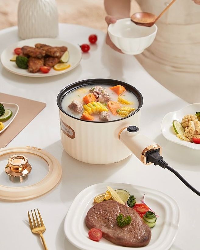 Electric Hot Pot 1.6L Rapid Noodles Cooker Portable Non-Stick Electric Pot Mini Hot Pot for Stir Fry Steak Noodles with Steamer Home Kitchen All-in-One Double Layer Electric Appliances