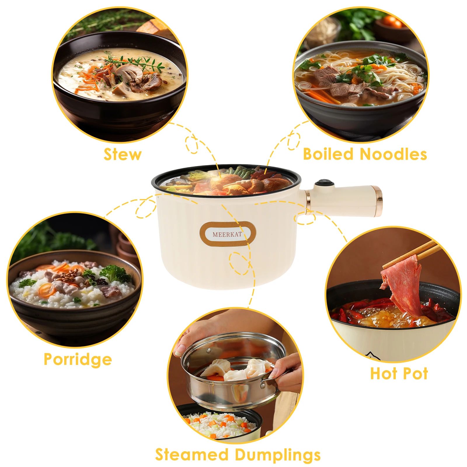 Electric Hot Pot 1.6L Rapid Noodles Cooker Portable Non-Stick Electric Pot Mini Hot Pot for Stir Fry Steak Noodles with Steamer Home Kitchen All-in-One Double Layer Electric Appliances