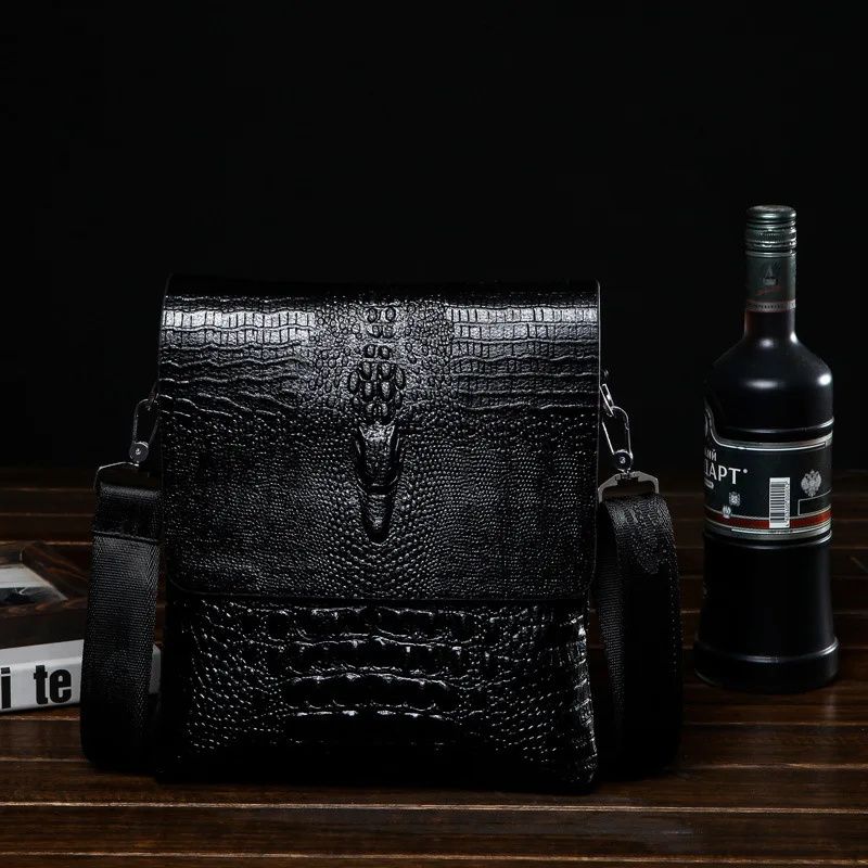 Leather Men Bag Crocodile Pattern Briefcase Men's Solid Color Casual Trendy Shoulder Business Multi-layer Messenger Bag