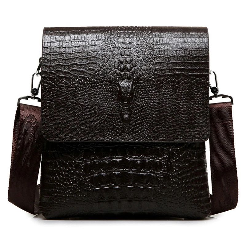 Leather Men Bag Crocodile Pattern Briefcase Men's Solid Color Casual Trendy Shoulder Business Multi-layer Messenger Bag