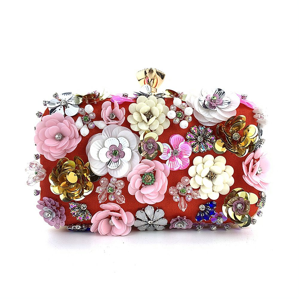3D Beaded Mini Flower Decor Evening Bag Elegant Rhinestone Clutch Bag Box Purse Women's Wedding Handbags
