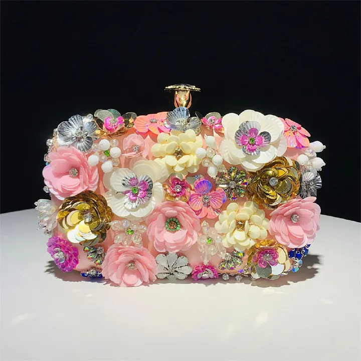 3D Beaded Mini Flower Decor Evening Bag Elegant Rhinestone Clutch Bag Box Purse Women's Wedding Handbags