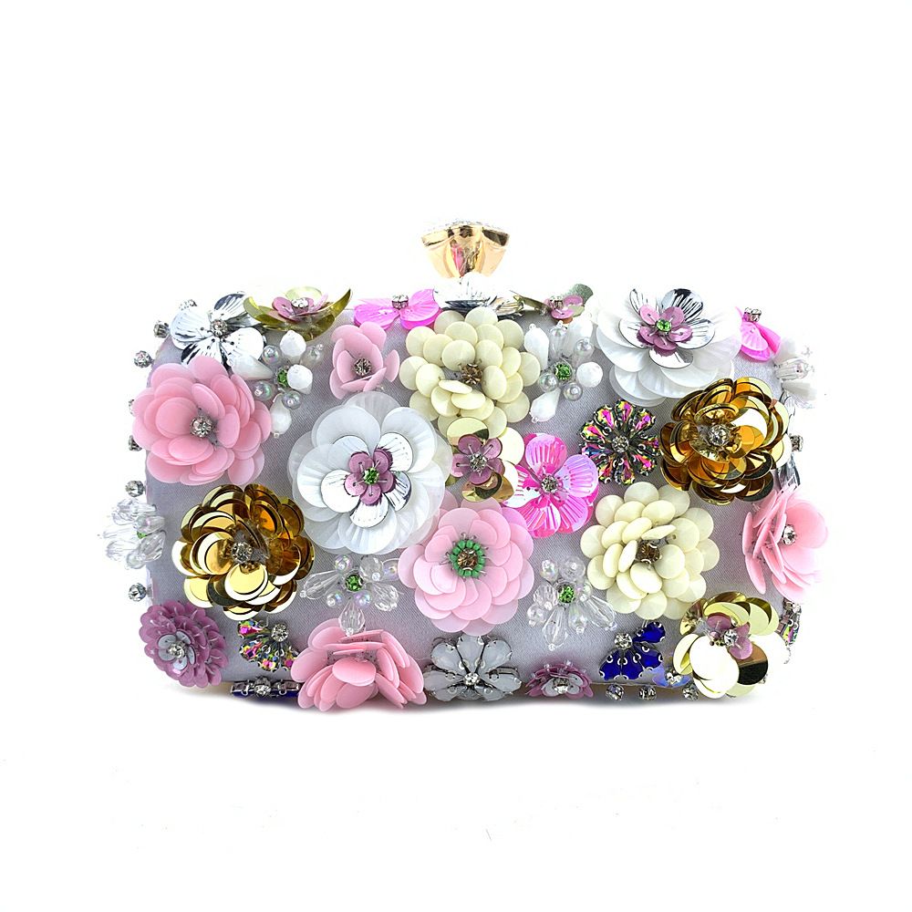 3D Beaded Mini Flower Decor Evening Bag Elegant Rhinestone Clutch Bag Box Purse Women's Wedding Handbags