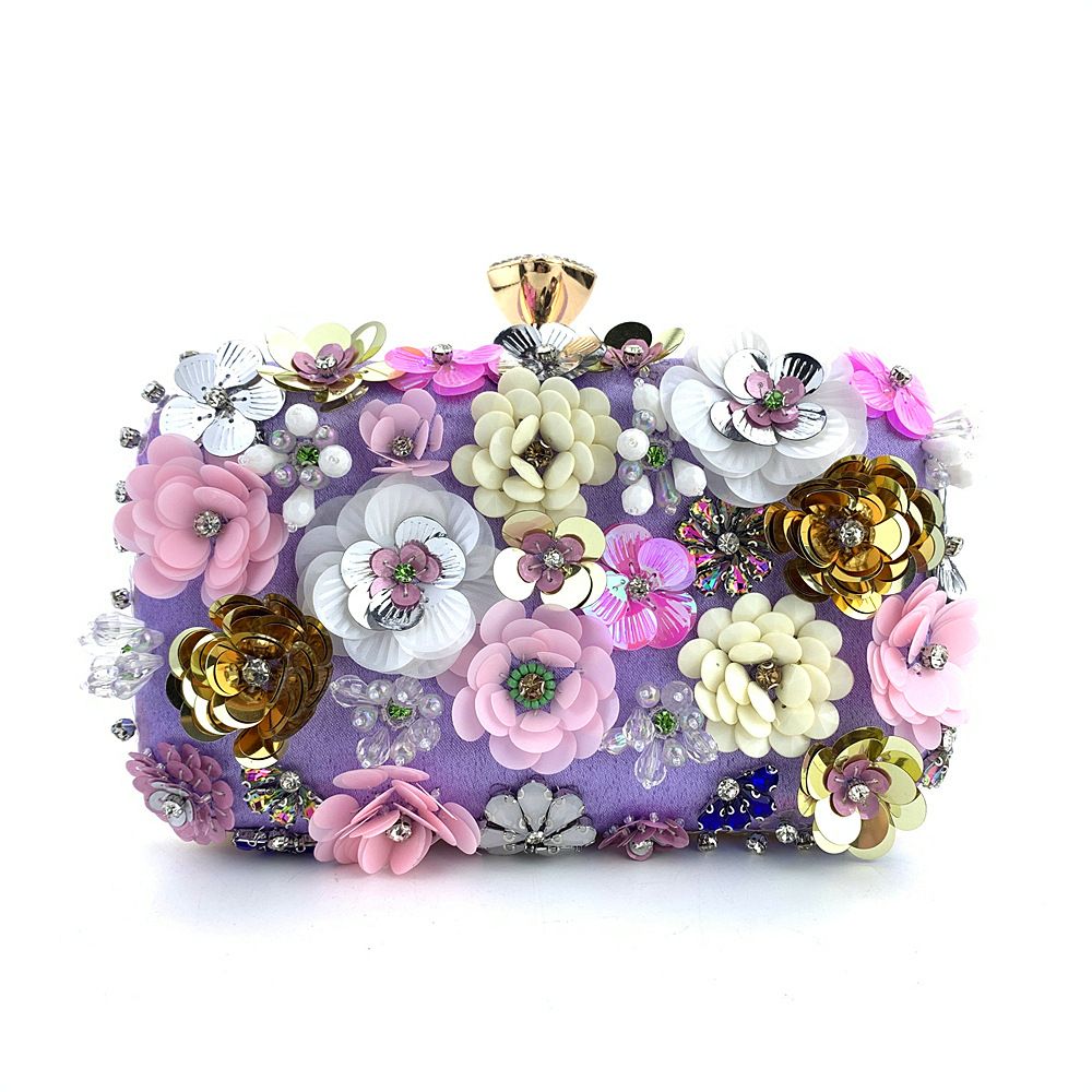 3D Beaded Mini Flower Decor Evening Bag Elegant Rhinestone Clutch Bag Box Purse Women's Wedding Handbags