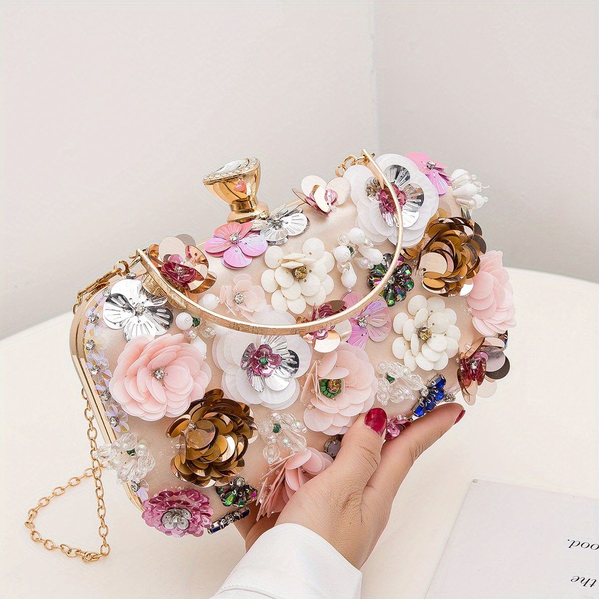 3D Beaded Mini Flower Decor Evening Bag Elegant Rhinestone Clutch Bag Box Purse Women's Wedding Handbags