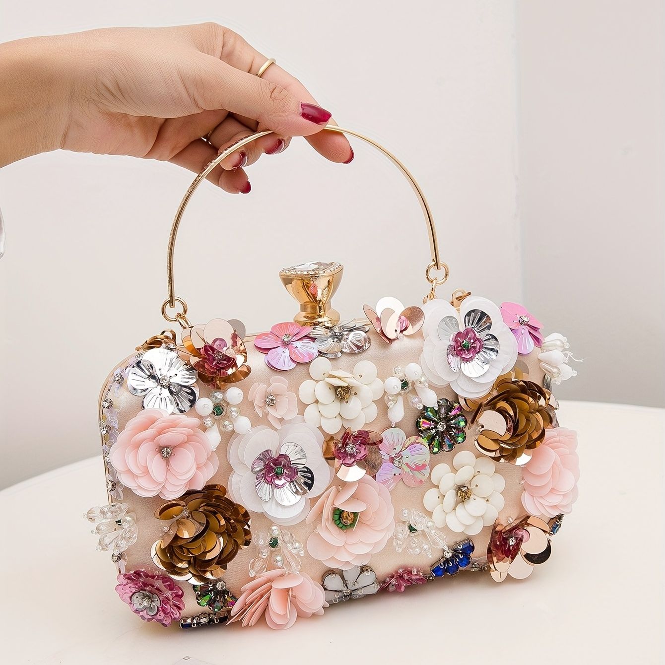 3D Beaded Mini Flower Decor Evening Bag Elegant Rhinestone Clutch Bag Box Purse Women's Wedding Handbags