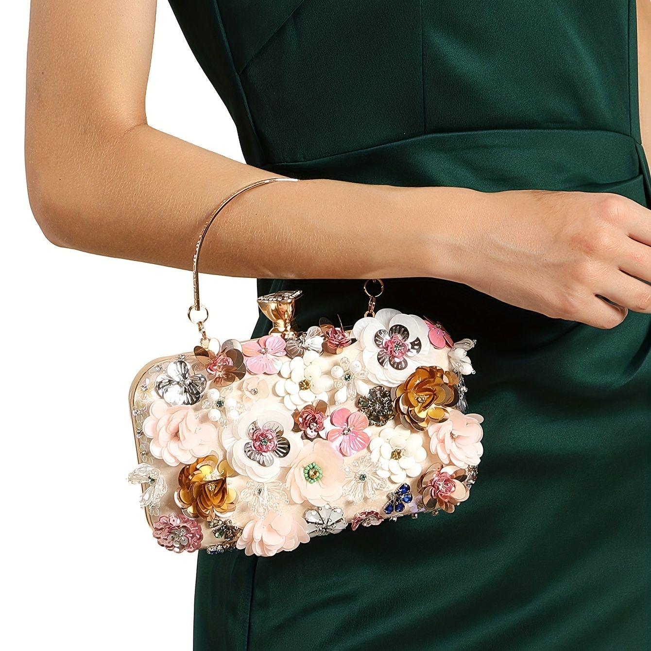 3D Beaded Mini Flower Decor Evening Bag Elegant Rhinestone Clutch Bag Box Purse Women's Wedding Handbags