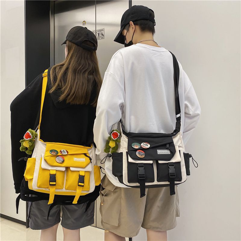 No pendant Harajuku Men‘s Nylon Crossbody Bags for Women Messenger Bag Girls School Book Bags Youth Canvas Handbags Shoulder Bag badge RANDOM
